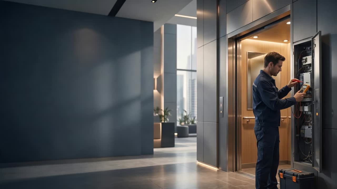 Hall de edifício com elevadores e pessoas circulando