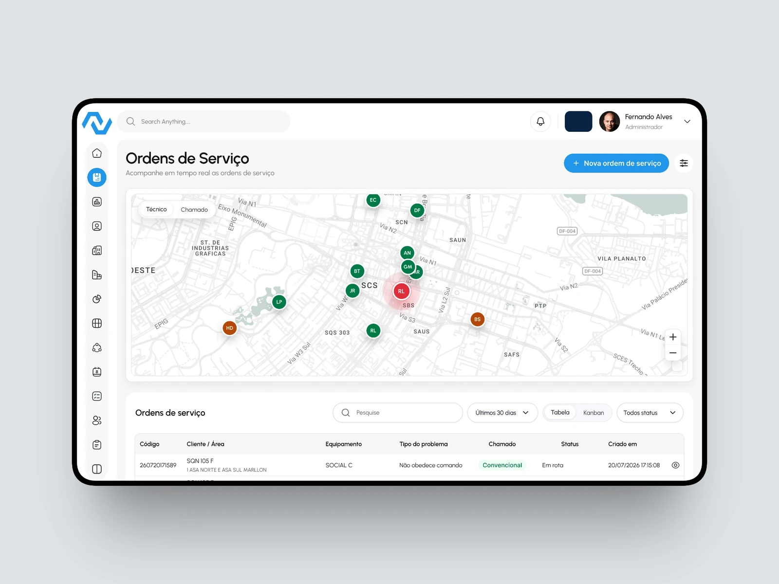 Tela de ordens de serviço com mapa e lista de atendimentos da Elevai Tech.